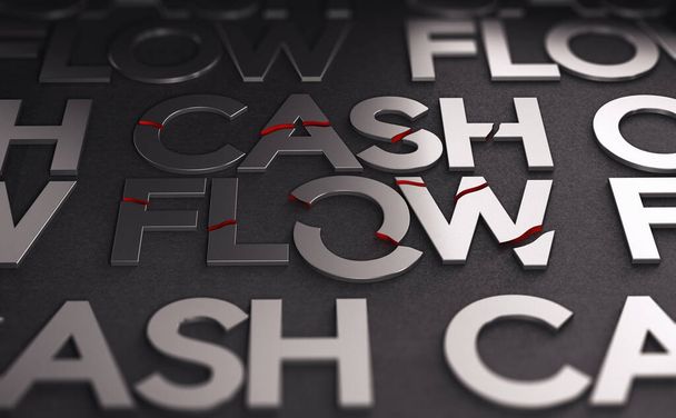 3D-Illustration des Text-Cash-Flow über schwarzem Hintergrund. Die Worte sind gebrochen. Konzept der Krise und der Solvenz von Unternehmen. - Foto, Bild