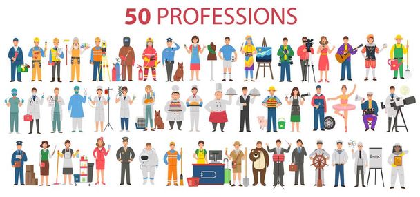 50 beroepen. Grote set van beroepen in cartoon platte stijl voor kinderen. Internationale Dag van de werknemers, Dag van de Arbeid - Vector, afbeelding