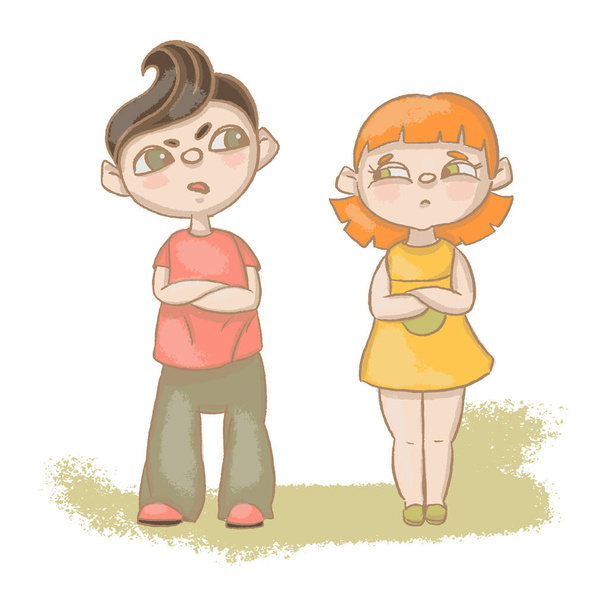 DISGRUNTLE Boy And Girl Quarrel Cartoon Hand Drawn Vector Illustration Set for Print Fabric and Design - Vector, imagen