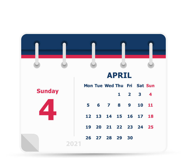4 avril - Calendrier Icône - 2021 - La semaine commence lundi. Modèle de conception de calendrier
. - Vecteur, image