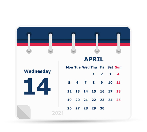 April 14 - Calendar Icon - 2021 - Week starts monday. Calendar design template. - Vector, Image