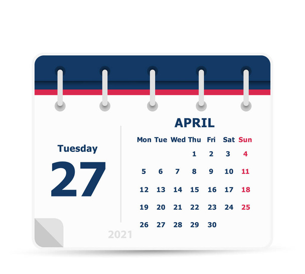 April 27 - Calendar Icon - 2021 - Week starts monday. Calendar design template. - Vector, Image