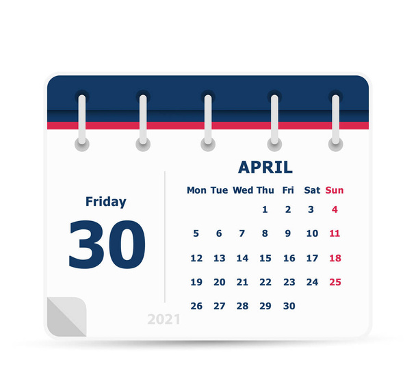 Kwiecień 30 - Kalendarz Ikona - 2021 - Tydzień zaczyna się poniedziałek. Szablon projektu kalendarza. - Wektor, obraz