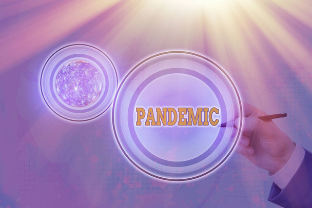 Textzeichen mit Pandemie. Konzeptfoto, das über ein weites Gebiet mit hohem Bevölkerungsanteil auftritt Elemente dieses von der NASA zur Verfügung gestellten Bildes. - Foto, Bild