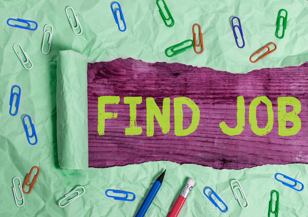 Sinal de texto mostrando Find Job. Foto conceitual Um ato de demonstração para encontrar ou procurar trabalho adequado para sua profissão
. - Foto, Imagem