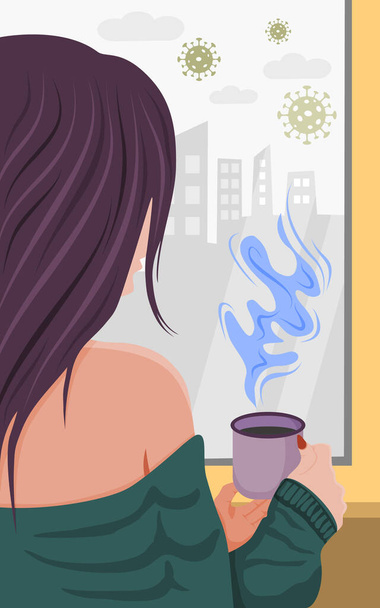 Оставайся дома, береги себя. Девушка стоит у окна и пьет кофе. Во время эпидемии коронавируса оставайтесь дома в карантине. Векторная иллюстрация
 - Вектор,изображение