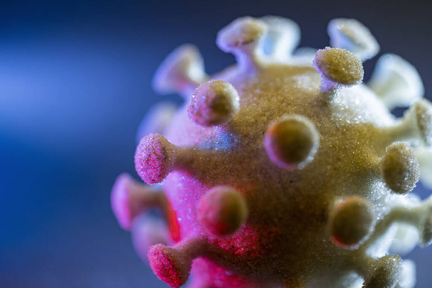 detalle de un colorido virus simbólico iluminado en la espalda oscura
 - Foto, imagen