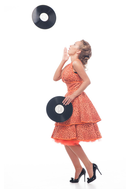Attractive woman with vinyl disc - Φωτογραφία, εικόνα