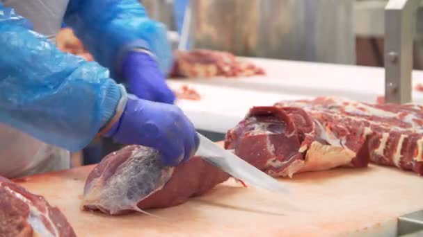 Rzeźnik do cięcia wołowiny przez taśmę przenośnika - Materiał filmowy, wideo