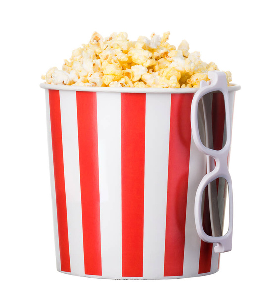 Paper striped bucket with popcorn and 3D glasses isolated on white background - Valokuva, kuva