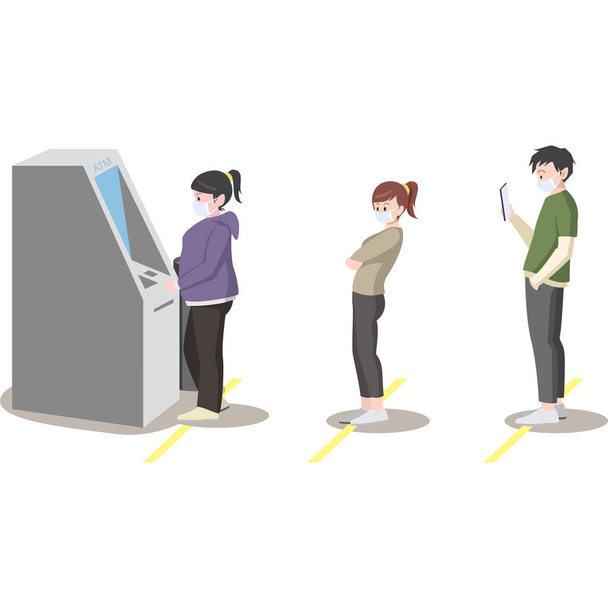 Fodera dei popoli con mantenere la loro distanza di sicurezza in ATM
  - Foto, immagini