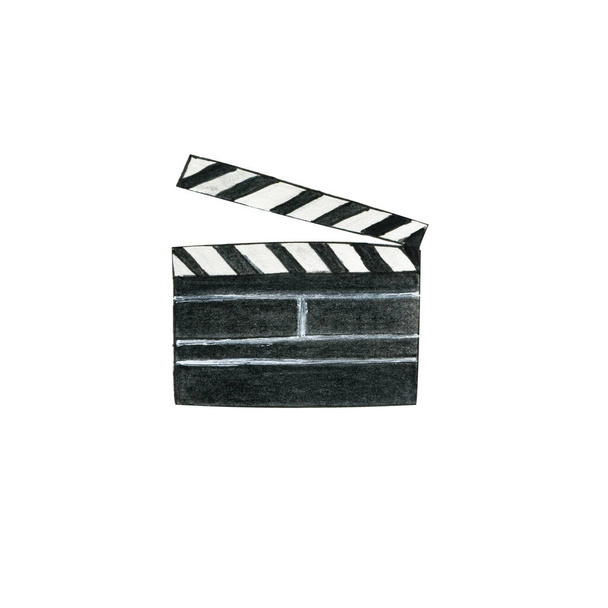 Elokuvataputtaja elokuvien ja ohjelmien kuvaamiseen. Vesiväri käsin piirretty kuva realistiseen tyyliin musta väri. Käsite viihde, television katselu, ohjaaja ja tuottaja työvälineet - Valokuva, kuva