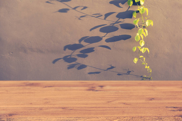 Fresh leaf on cement wall with blank wood table,retro effect - Φωτογραφία, εικόνα