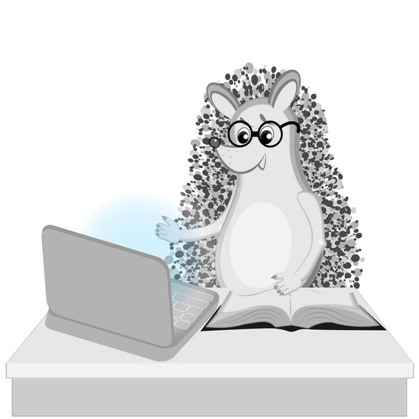A hedgehog sits at a table on which stands a turned-on laptop and lies an open book. Vector illustration on a white background. - Vector, Image