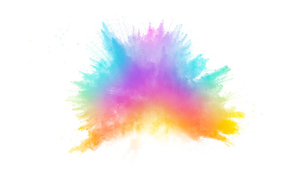 Colorful powder explosion on white background.Pastel color dust particle splashing. - Photo, Image