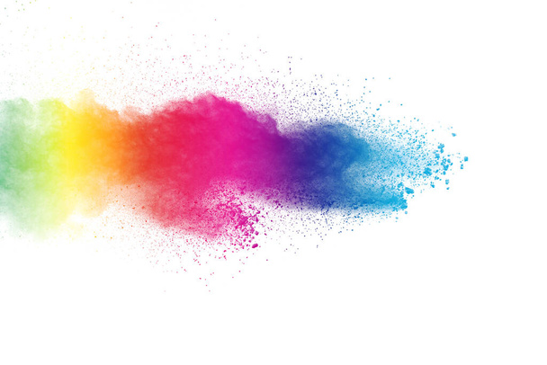 Explosión colorida de polvo sobre fondo blanco. Partículas de polvo de color pastel abstracto salpicaduras. - Foto, imagen