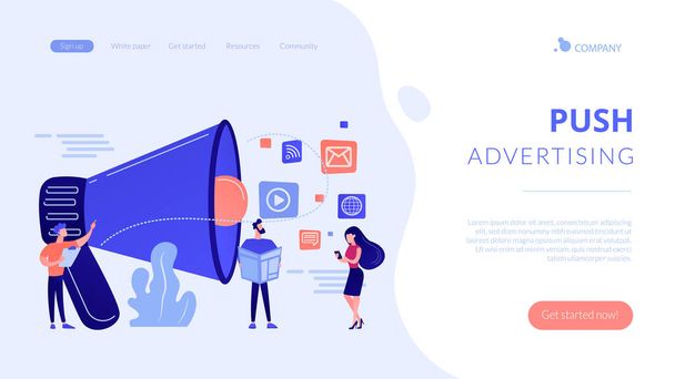 Push reclame concept landing page. - Vector, afbeelding