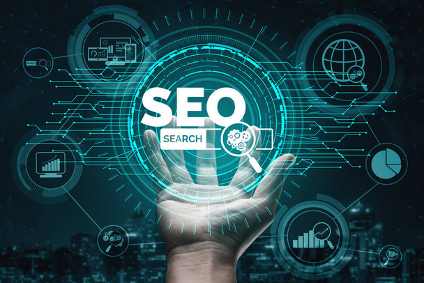 SEO - Optimalizace pro vyhledávače pro online marketingovou koncepci. Moderní grafické rozhraní zobrazující symbol propagace webových stránek výzkumu klíčových slov optimalizací vyhledávání zákazníků a analýzou tržní strategie. - Fotografie, Obrázek