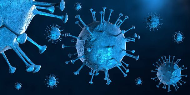 3D απεικόνιση Ιός Coronavirus COVID-19 κάτω από μικροσκόπιο σε δείγμα αίματος. Η εκδήλωση του Coronavirus Covid- 19 προκάλεσε κίνδυνο πανδημίας για την υγεία. Το κύτταρο ιών Corona παράγεται από την τρισδιάστατη απόδοση. - Φωτογραφία, εικόνα