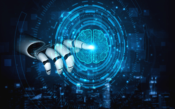 3D rendering intelligenza artificiale AI ricerca di robot e sviluppo cyborg per il futuro delle persone che vivono. Progettazione di data mining digitale e tecnologia di apprendimento automatico per il cervello del computer. - Foto, immagini