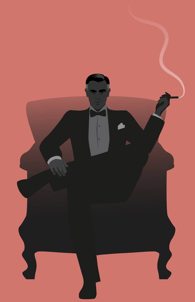Elegante cavalheiro vestido com um colete, sentado em uma poltrona e fumando um charuto, isolado em fundo branco. Estilo retrô
. - Vetor, Imagem