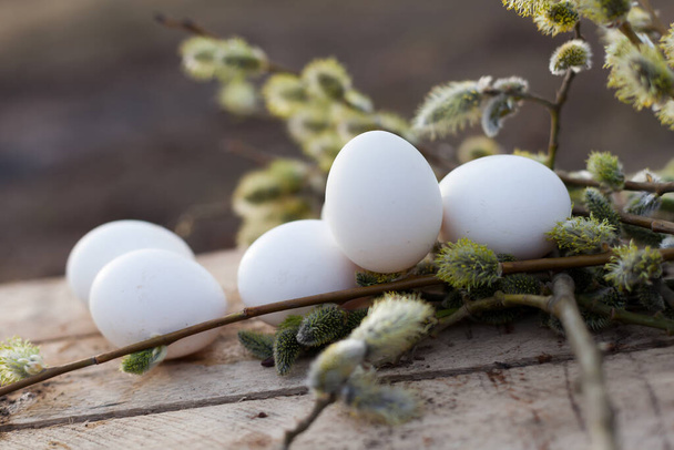 Huevos de pollo blancos sobre fondo de madera con ramas de sauce
 - Foto, imagen