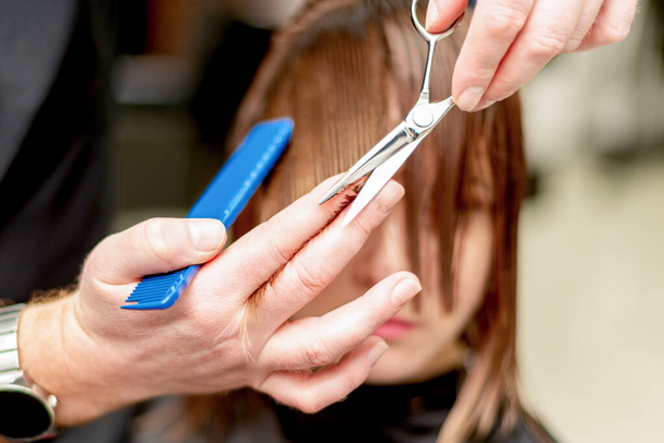 Hands of hairdresser cutting hair tips of woman in beauty salon. - 写真・画像