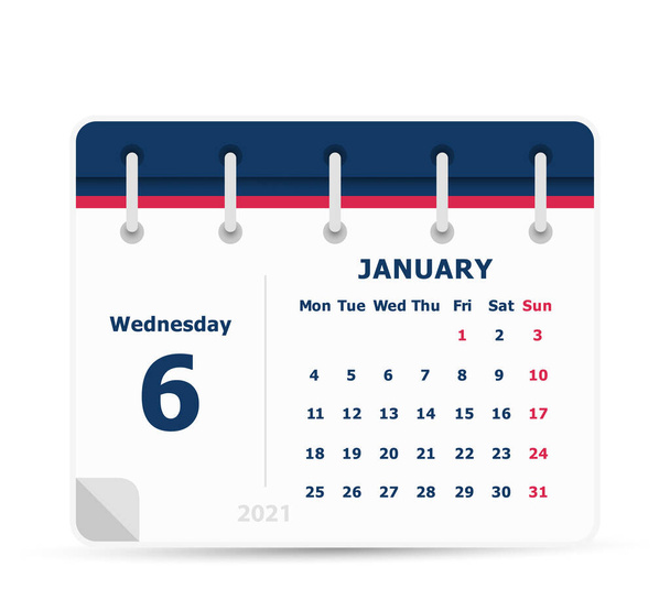 6. tammikuuta - Kalenteri-ikoni - 2021 - Viikko alkaa maanantaina. Kalenterin suunnittelumalli
. - Vektori, kuva