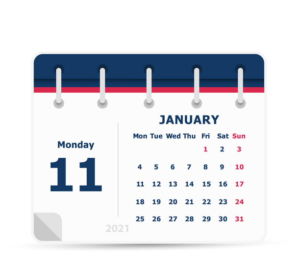 January 11 - Calendar Icon - 2021 - Week starts monday. Calendar design template. - Vector, Image