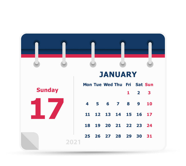 January 17 - Calendar Icon - 2021 - Week starts monday. Calendar design template. - Vector, Image