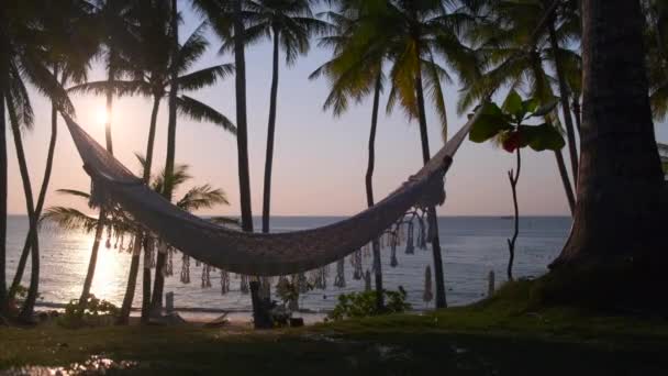 熱帯の休暇。空のハンモックと海の夕日 - 映像、動画