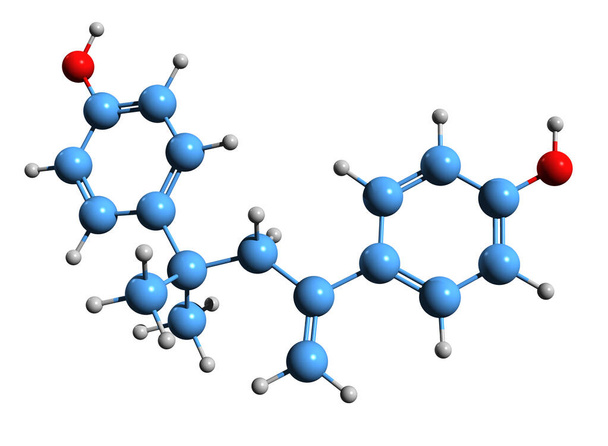 Imagen 3D de la fórmula esquelética 4-metil-2,4-bis (4-hidroxifenil) pent-1-eno - estructura química molecular de la MBP aislada sobre fondo blanco
 - Foto, Imagen