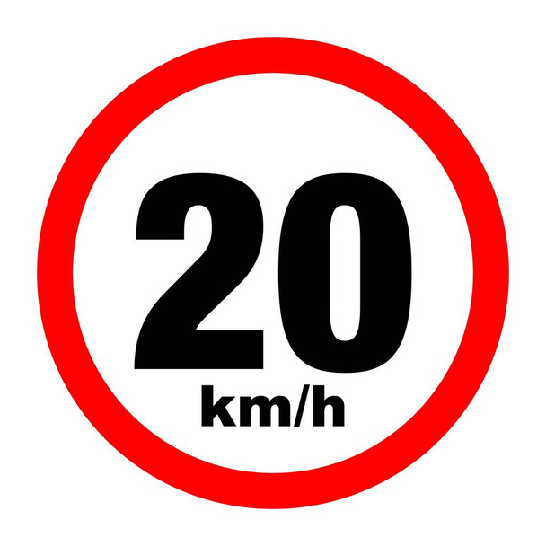 Sinal limite máximo de velocidade 20 km / h. Ícone de sinal de estrada isolado no fundo branco - Vetor, Imagem