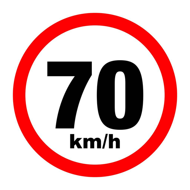 Suurin nopeusrajoitusmerkki 70 km / h. Yksittäinen liikennemerkin kuvake valkoisella pohjalla - Vektori, kuva