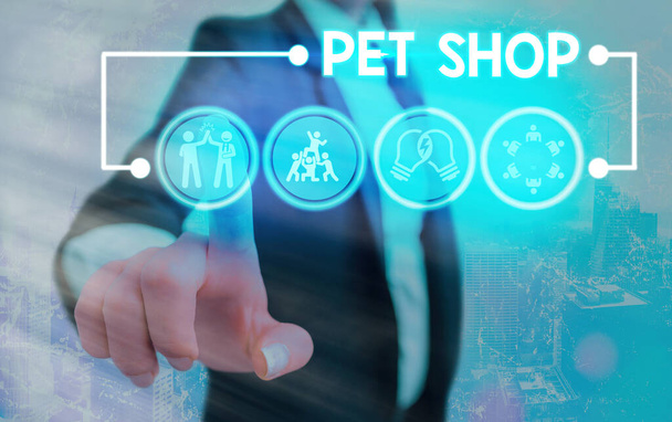 Escritura manual conceptual que muestra Pet Shop. Muestra de fotos de negocios Negocios minoristas que venden diferentes tipos de animales al público
. - Foto, imagen