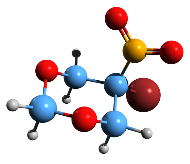 3D-Aufnahme der 5-Bromo-5-Nitro-1,3-Dioxan-Skelettformel - molekulare chemische Struktur von Bronidox isoliert auf weißem Hintergrund - Foto, Bild