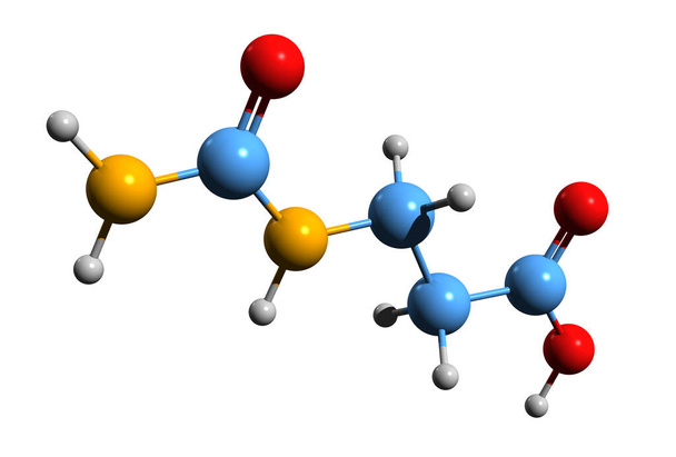 Imagem 3D da fórmula esquelética do ácido 3-Ureidopropiónico - estrutura química molecular da N-carbamoíl-beta-alanina isolada sobre fundo branco
 - Foto, Imagem