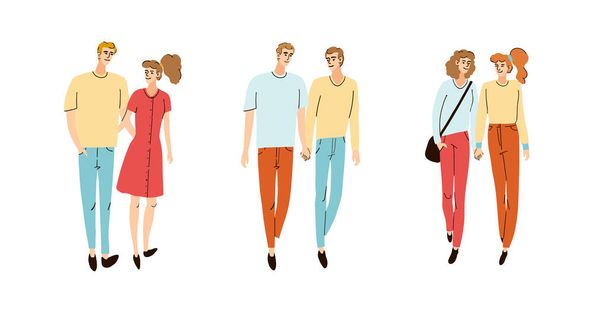 Colorful set with illustrations of young couple walking - Vector, Image