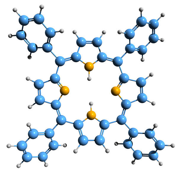 Imagen 3D de la fórmula esquelética de 5,10,15,20-tetrafenilporfirina - estructura química molecular del TPP aislado sobre fondo blanco
 - Foto, Imagen