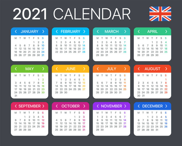2021 Ημερολόγιο - πρότυπο διάνυσμα γραφική απεικόνιση - Ηνωμένο Βασίλειο έκδοση - Διάνυσμα, εικόνα