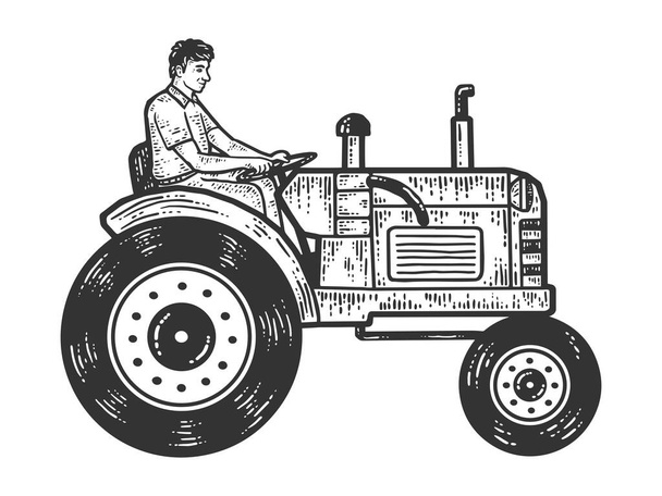 Un hombre monta un tractor. Boceto imitación tablero de rasca
. - Vector, imagen