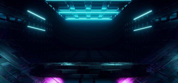 Neon Sci Fi Futuristico Cyber Purple Blue Glowing Stage Podium Showroom Svuota schema strutturato Corridoio del tunnel sfondo alieno astronave Cyberpunk Synthwave 3D Rendering Illustrazione
 - Foto, immagini