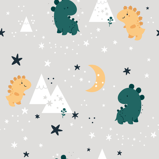 Seamless childish pattern with cute dinosaurs in forest. Children background in scandinavian style. Creative kids texture for print, textile, wallpaper, apparel, fabric, wrapping. Vector illustration - Vector, Image
