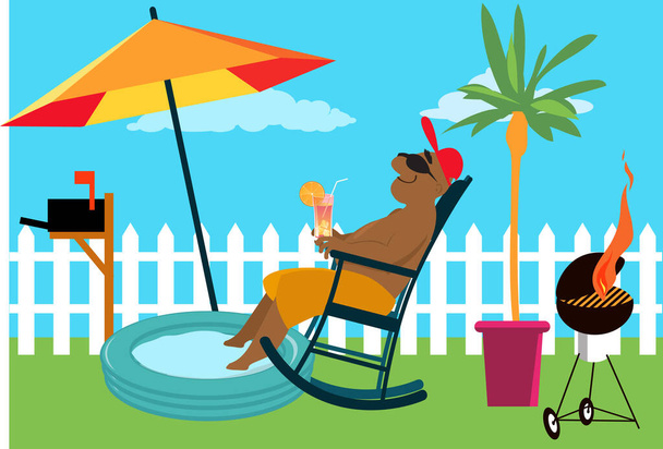 Hombre disfrutando de una estancia en el patio trasero bajo un paraguas, EPS 8 vector ilustración
 - Vector, imagen