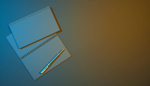 black notebook on a black background with blue and yellow lighting, 3d illustration - Fotografie, Obrázek
