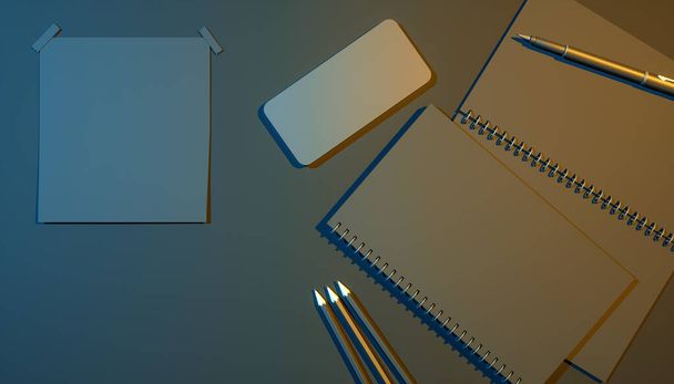 smartphone next to a notebook on a black background in blue and yellow lighting, 3d illustration - Photo, Image