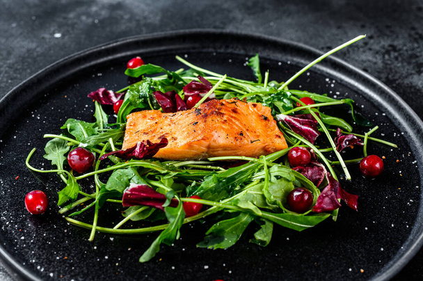 Seafood salad with salmon, arugula, lettuce and cranberries. Black background. Top view. - Photo, Image
