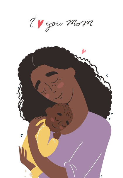 Anyák napi üdvözlőlap. Fekete afro-amerikai anyai ölelés baba. Családi nyaralás és együttlét. EPS 10 vektor - Vektor, kép