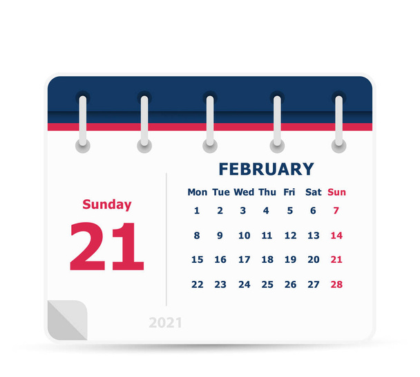 21 lutego - Ikona Kalendarza - 2021 - Tydzień zaczyna się w poniedziałek. Szablon projektu kalendarza. - Wektor, obraz