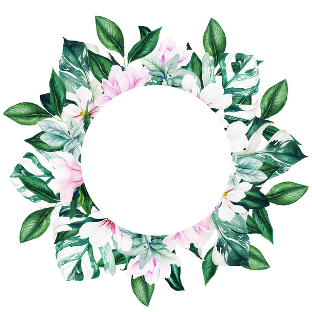 Round banner with watercolor magnolia flowers and monstera leaves - Foto, immagini